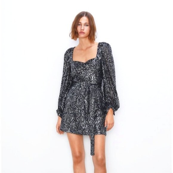 Zara Dresses & Skirts - Zara Long Sleeved Sequin Mini Dress Black Charcoal